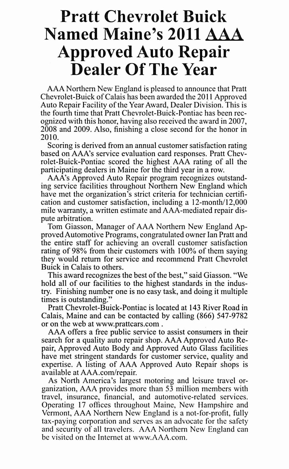 Pratt GMC named ME's Approved Auto Repair Dealer of the year